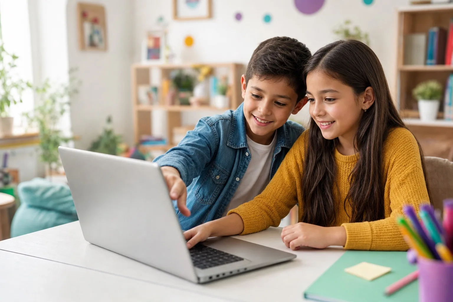 Un niño y una niña aprendiendo a programar juntos en un computador con AKUMAYA